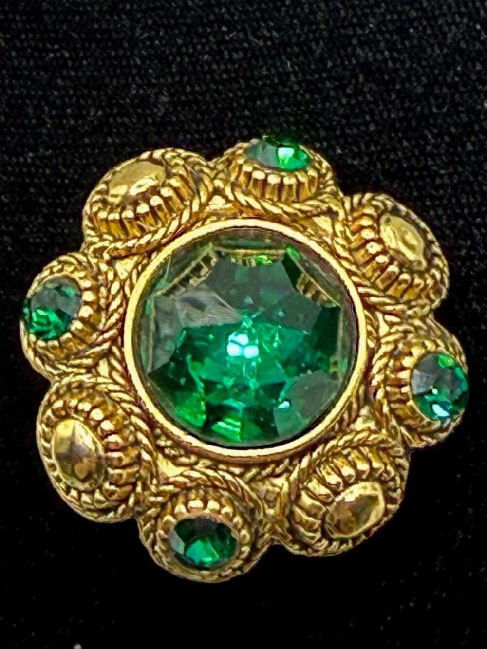 Vintage Gold Slip on Single Earring w/ Dark Green Crystals
